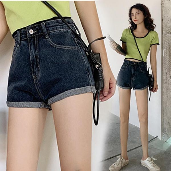 

korean version of the thin student curled wide leg jeans shorts high waist solid color denim shorts jeans women summer loose, Blue