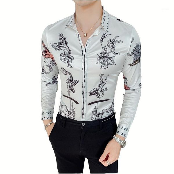 

retro print shirt men slim fit shirt long sleeve male 2020 asian size cotton men's streetwear male1, White;black