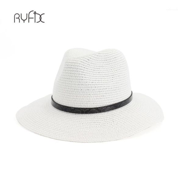 

wide brim hats summer straw hat for men women sun beach jazz panama fedora protection cap with black belt ha1881, Blue;gray