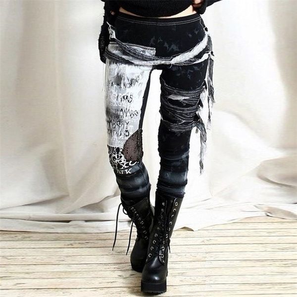 Calças góticas Meninas Malha vintage Lace Up Skinny Calças Punk Estilo Mulher Impresso Lápis Pant High Street Leggins D30 201106