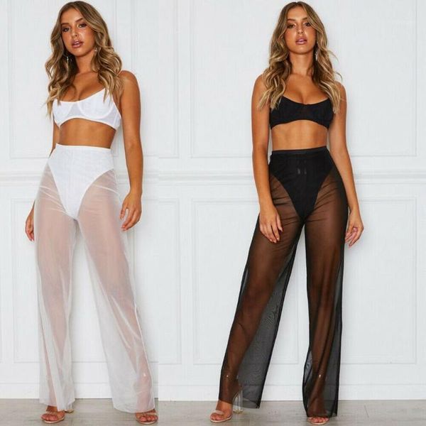 

womens summer beach mesh sheer see through pants vogue high waist transparent wide leg pants clubwear holiday beach trousers1, Black;white