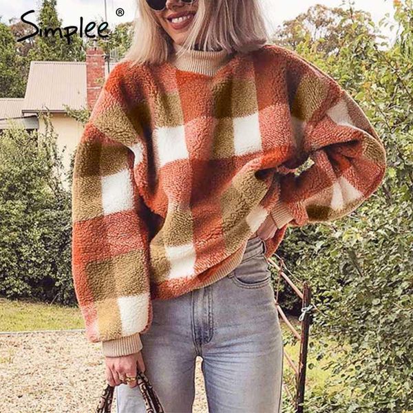 

simplee casual lambswool plaid women hoodies sweatshirts o neck pullover loose female sweatshirt autumn winter ladies warm coat1, Black