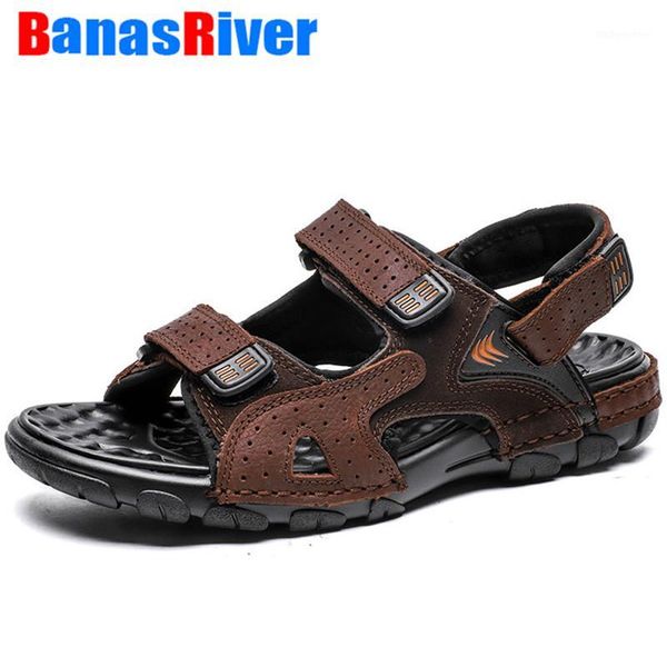 

sandals 2021 men's leather rome outdoor summer handmade slippers shoes beach breathable sneakers casual footwear male flat sport1, Black