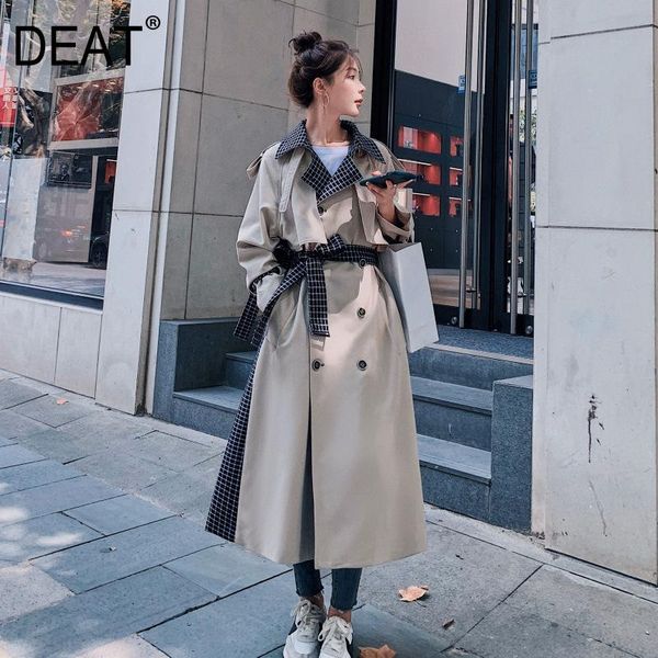 

women's trench coats [deat] 2021 autumn fashion coat england style plaid full sleeve slim lapel collar long length with belt tx177, Tan;black
