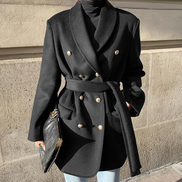 

women's wool & blends [ewq]2021 winter female stand collar double breasted long-sleeved minimalist solid color black lace up woolen ove