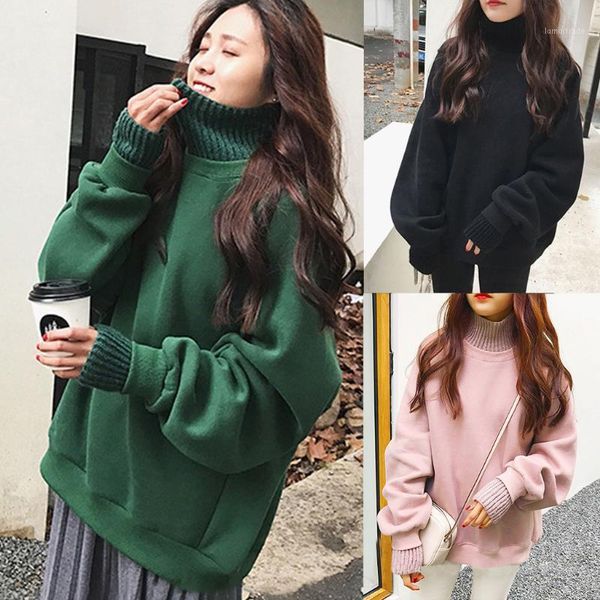 

women autumn fake two piece sweatshirt turtleneck black long sleeve solid thick blouse lady casual oversized hoodie1 women's hoodies &