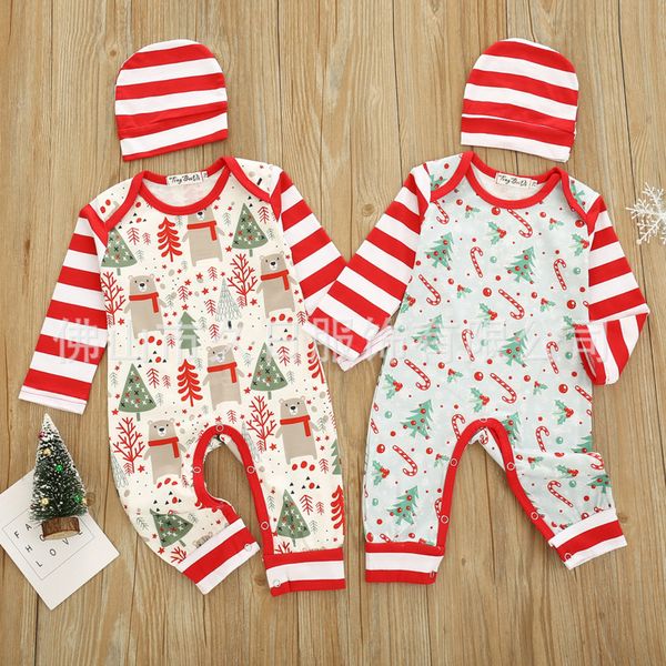 

new baby jumpsuits cotton long sleeve christmas tree printed sleeve stripe stitching cute one-piece romper with hat lababy39, Blue