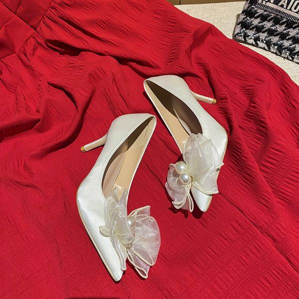 

2021 new fashionable pearl bow high heels unique high-heeled fairy style white wedding feast shoes x8p9, Black
