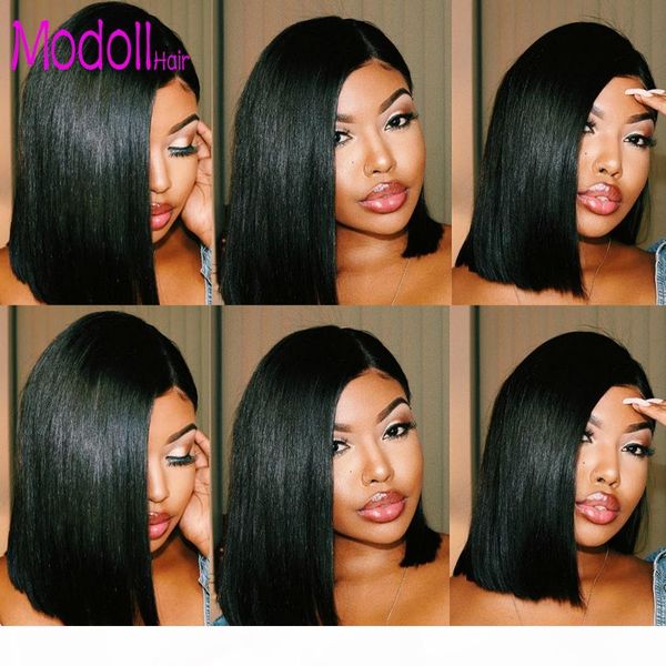 

13x4 lace front human hair wigs with bangs short ombre bob wig pre plucked with baby hair straight frontal 613 wigs remy black, Black;brown