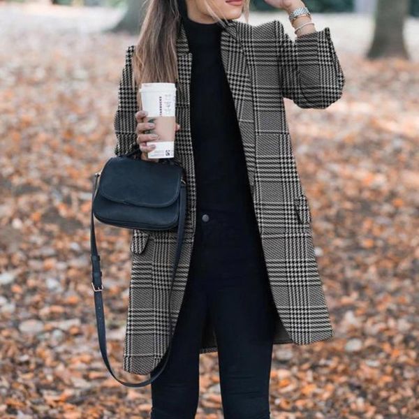 

women's wool & blends europe america overcoat fashion temperament autumn winter plaid printing turn-down collar long sleeve coat, Black