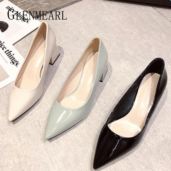 

women pumps square heels office lady high heels low brand comfortable basic point toe shoes patent leather autumn winter 2021, Black