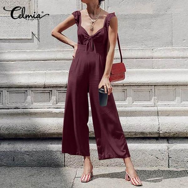 

women's jumpsuits & rompers celmia women wide leg pants v neck long 2021 summer short sleeve bow tie casual backless playsuits 5xl1, Black;white