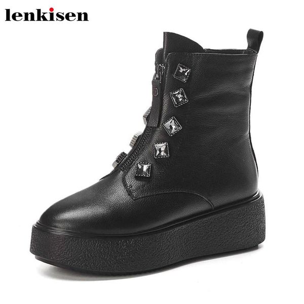 

boots lenkisen fashion crystal fasteners princess style winter genuine leather thick bottom round toe zip shiny cozy ankle l56, Black