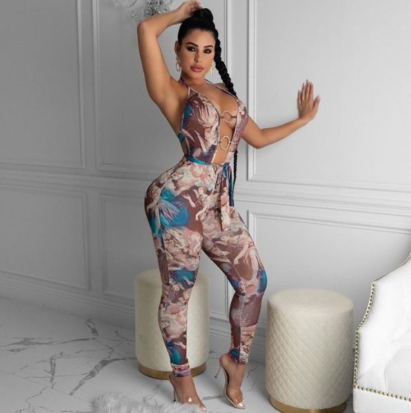 

da 2084b 2020 printed v-neck halter ring jumpsuit, White;black