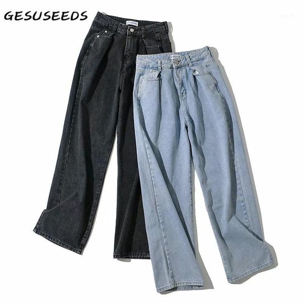 

casual jeans women 2020 wide leg pants vintage high waist jeans baggy solid denim pants blue streetwear chic black trousers fall1