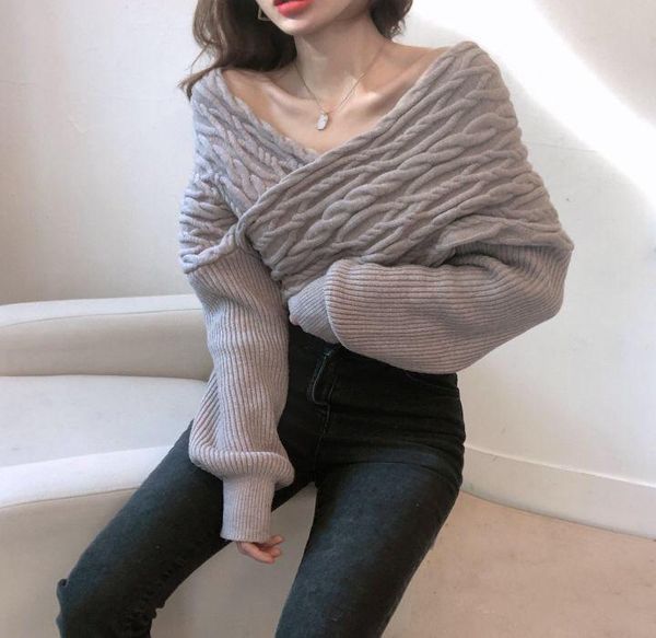 

women's sweaters v-neck cross loose twist patchwork solid color long sleeve knitted pullovers chic autumn winter women, White;black