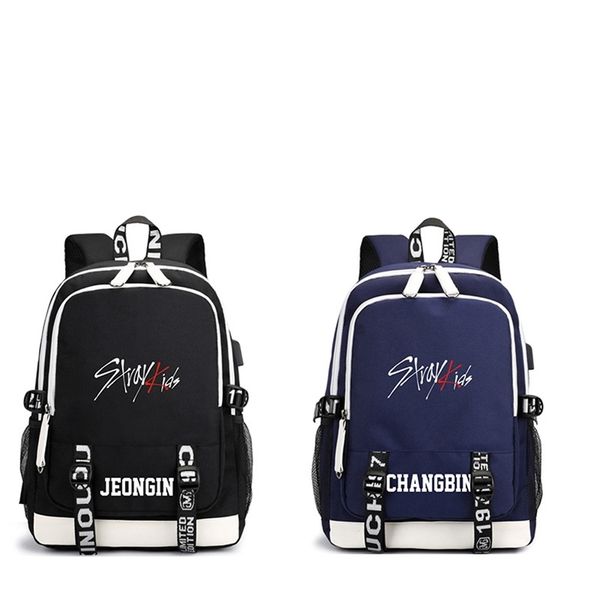 KPOP USB Stray Kids Rucksack Schwarz Blau Schultasche JISUNG WOOJIN SEUNGMIN MINHO JEONGIN FELIX CHANGBIN HYUNJIN LJJ626 LJ201225