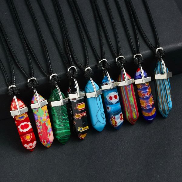 

synthetic stone hexagonal prism pendant necklace amulet black rope chain necklaces for women men, Silver