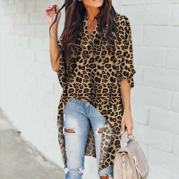

fashion womens casual v neck blouse half sleeve long shirt ladies irregular leopard print womens and blouse blusas, White