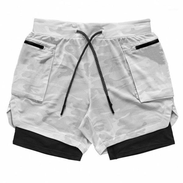 

men 2 in 1 training shorts running sports fitness camouflage pants zipper pocket u50c1, White;black