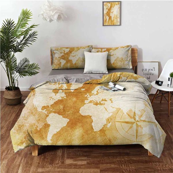 

old-fashioned world map design with compass in retro distressed colors continentsbedding 3-piece set