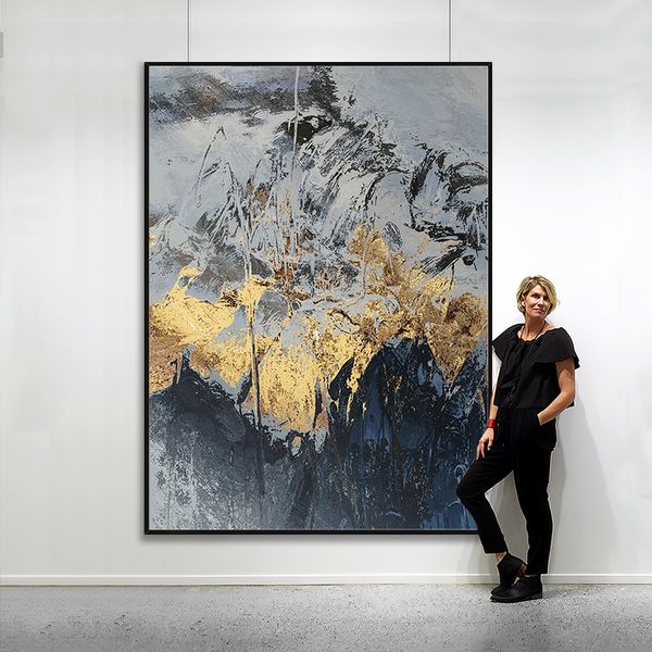 

abstract black and white hand-painted gold leaf jinshan modern abstract paintings entrance hallway living room sofa backdrop dec