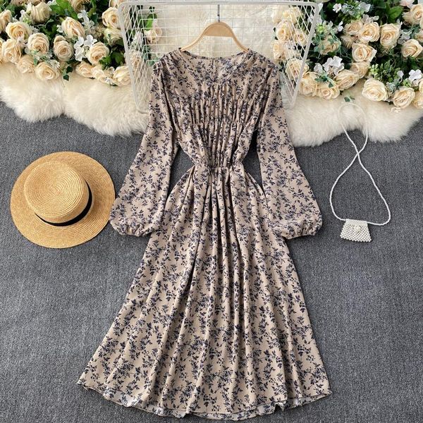 

lady new fashion floral print a-line dress 2021 women autumn winter retro round neck long sleeve casual vestidos q493, Black;gray
