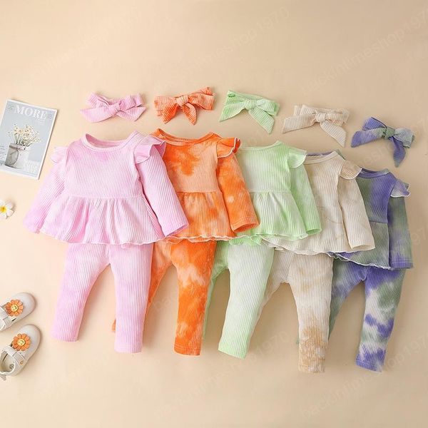 

kids clothes girls tie dye outfits infant pit stripe ruffle sleeve +pants+headband 3pcs/sets spring autumn baby clothing sets, White