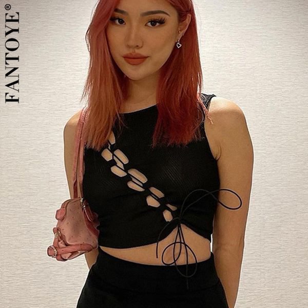 

fantoye women black bandage cut out hole crop o-neck sleeveless camisole femme rib knitted solid slim tank 2021 new c0129, Black;gray