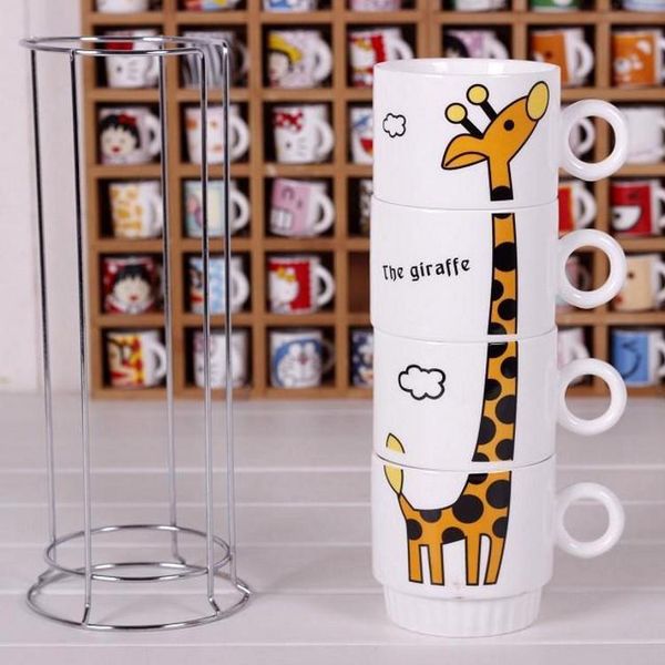

3d animal creative giraffe cup hand-painted ceramic coffee milk mugs include 4 cups and 1 iron shelves