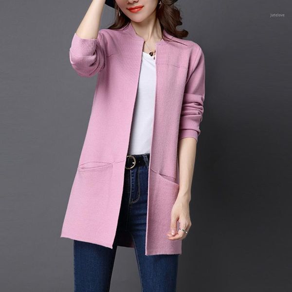 

korean women loose cardigan coat double pocket design sweater jacket cute sweet girl casual long knitted cardigan pink cape, White