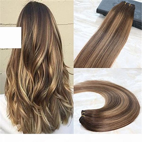 

real hair double weft human hair extensions balayage ombre remy hair color #4 dark brown fading to #27 honey blonde ombre color extensions, Black