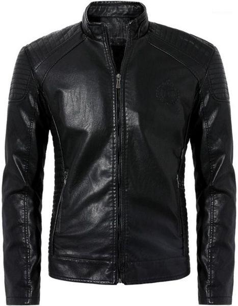 

mens leather jacket faux leather biker moto coat zipper bomber motorcycle punk standing collar locomotive size warm cotton liner1, Black