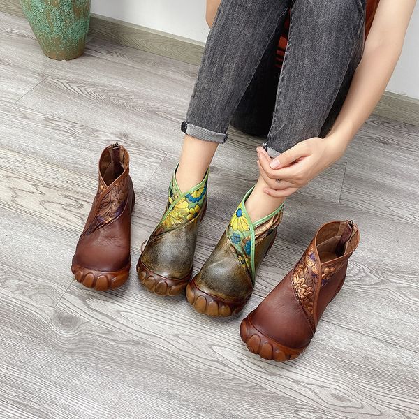 

johnature print women boots genuine leather 2020 new women shoes zip flat with round toe handmade sewing ankle platform boots, Black