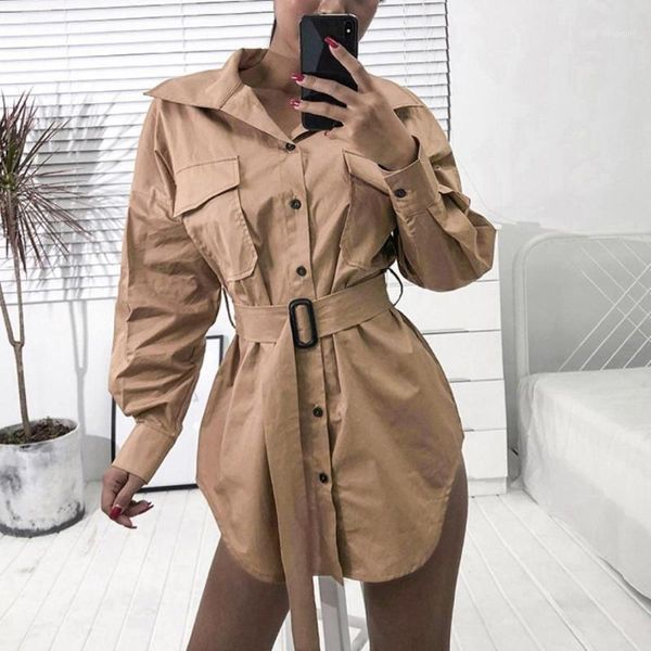 

women fashion turn down collar long sleeve pocket waist belt mini shirt dress hand wash turn down collar polyester regular with1, Black