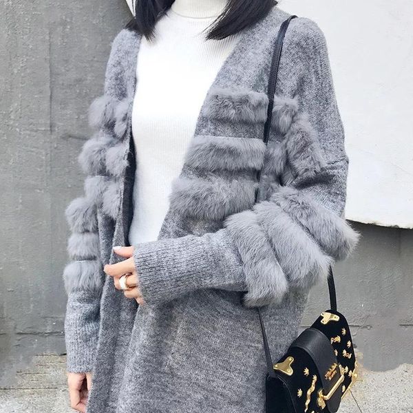 

chic 3d striped faux fur decor knit cardigan sweater coat mohair jacket v-neck hand knitted long sleeved 1, White