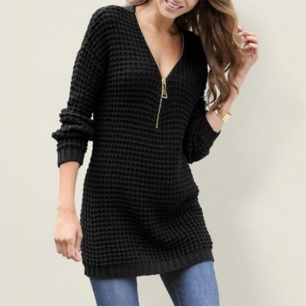 

casual dresses women's sweater dress medium length slim zipper v-neck, Black;gray