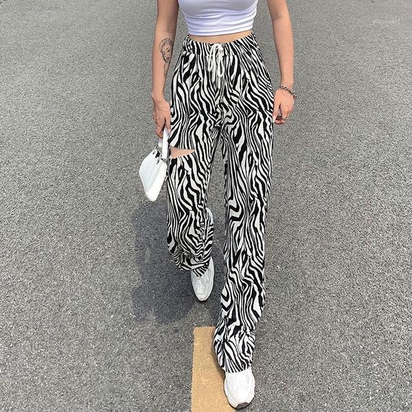 

streetwear zebra print drawstring sweatpants high waisted ripped woman pants 2020 harajuku long straight wide trousers y2k pant1, Black;white