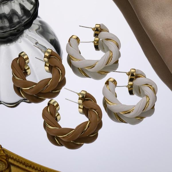 

hoop & huggie famshin retro temperament metal geometric leather twisted woven half earring black white c-shape women girls jewelry 2021, Golden;silver