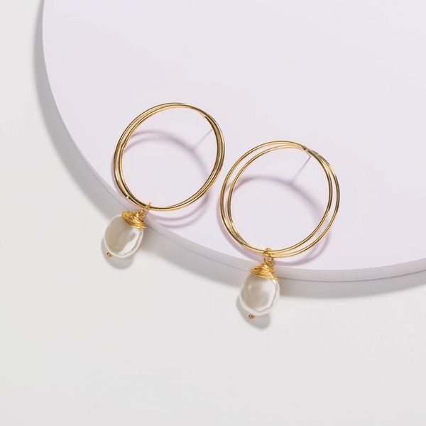 

matte gold color freshwater pearls coin hoop earrings for women baroque double circle earrings hanging charms jewelry1, Golden;silver