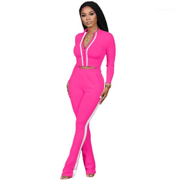 

pants suits female spring casual slim two piece sets women solid color navel sets fashion trend long sleeve zipper elastic waist, White