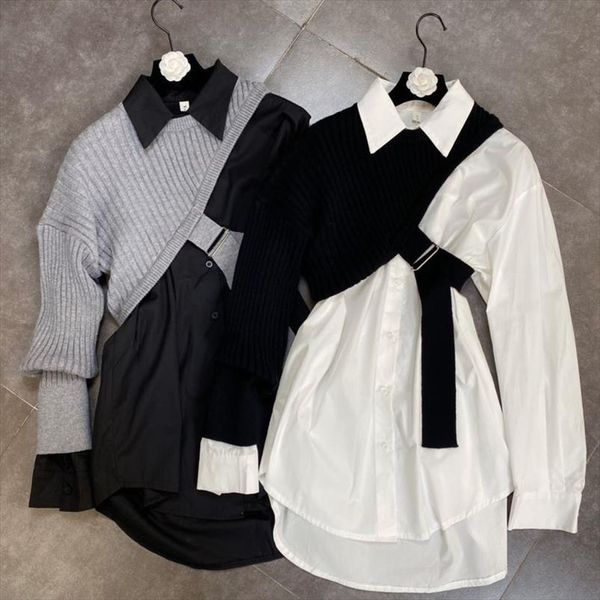 

2021 autumn new arrivals long sleeve turn down collar shirt single sleeve knitted short two piece set women mk704, Gray