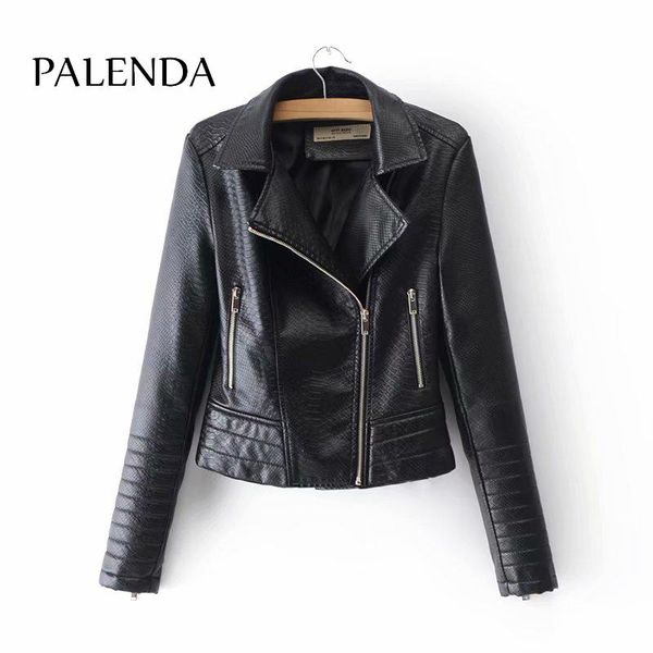 

women faux leather coat zipper short coat motorcycle leather jacket, Black