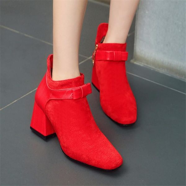 

new women winter ankle boots 2021 short plush solid christmas boots women fashion high heels buckie butterly knot woman shoes, Black