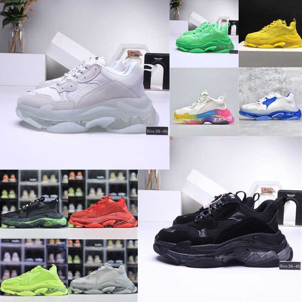 

paris men's women's casual shoes triple-s clear sole trainers black white beige green yellow transparent crystal bottom vintage pl
