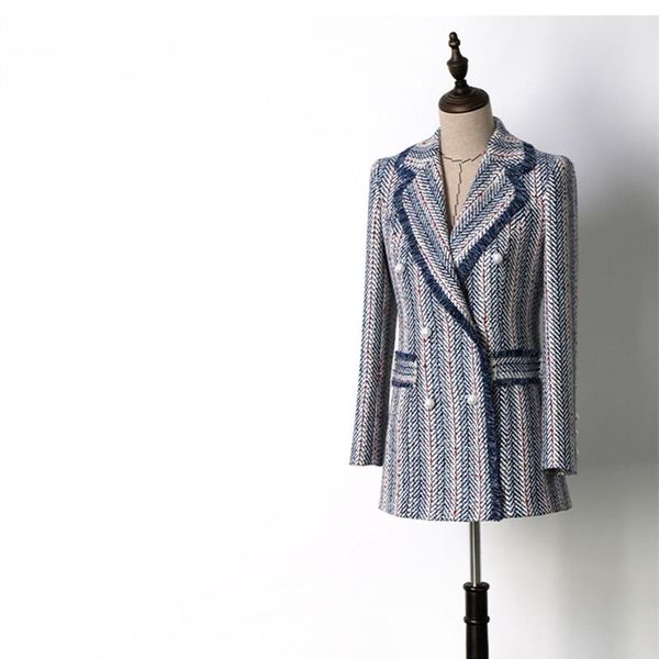 

women's suits & blazers handmade 2021 runway designer luxury fashion blazer for women notched collar double breasted blue striped long, White;black
