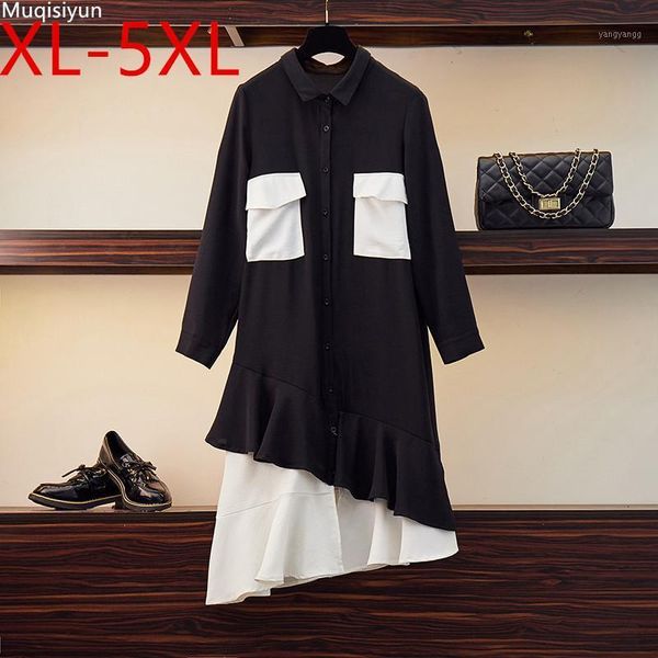 

xl-5xl plus size 2021 autumn women's long sleeves turn down collar ruffles patchwork shirt dress female oversize dresses s0491, Black;gray