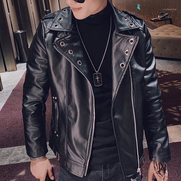 

autumn men motorcycle suit collar leather coat short nightclub trendy social coat plus velvet models men faux leather jacket1, Black