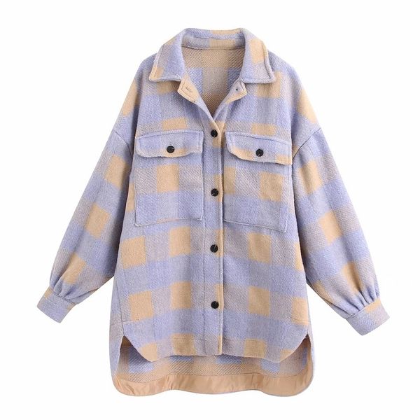 

2021 new stylish plaid woolen shirt jackets women fashion pockets turn-down collar check jacket female coat streetwear o535, Black;brown