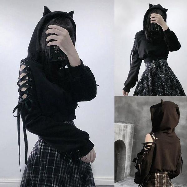 

40#harajuku sweatshirt women punk gothic hoodie autumn winter plus velvet hollow out lace up long sleeve cute cat ear hoodies, Black